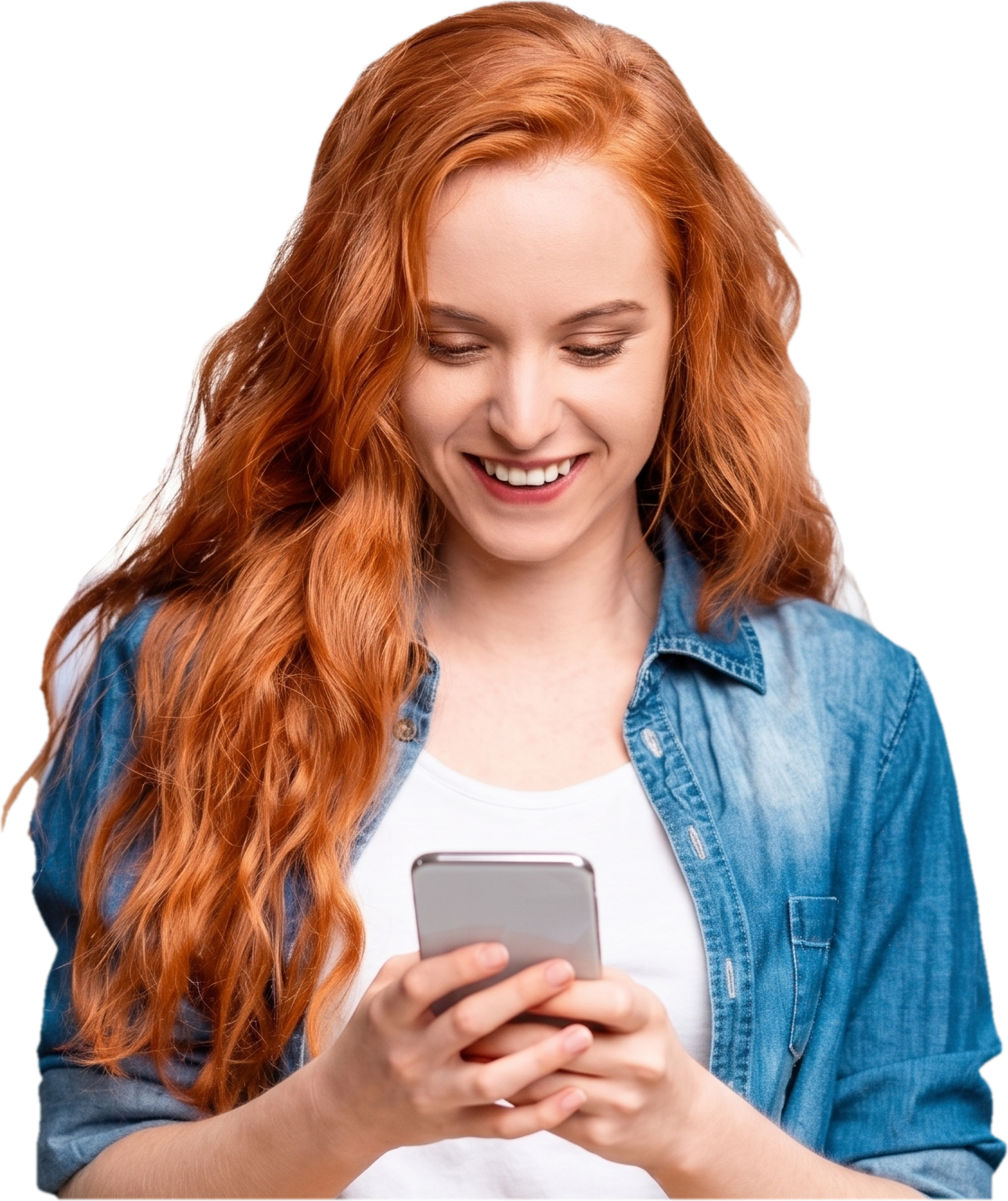 Comerciante sorrindo usando o celular
